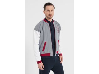 Jacheta Bomber cu maneci raglan, Rosu inchis, Alb optic, Gri inchis